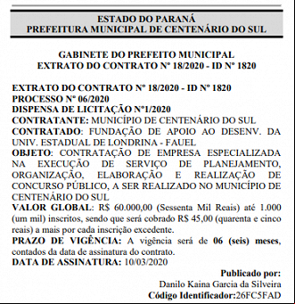 Prefeitura de Centenário do Sul-PR contrata a banca Fauel: o concurso deverá ser realizado até agosto. Prefeitura de Centenário do Sul-PR contrata a banca Fauel: o concurso deverá ser realizado até agosto.