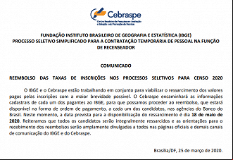 Concurso IBGE 2020: veja como fazer o reembolso da taxa de inscrição Concurso IBGE 2020: veja como fazer o reembolso da taxa de inscrição