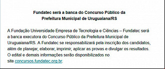 Fundatec confirma que será a promotora do novo concurso público de Uruguaiana-RS Fundatec confirma que será a promotora do novo concurso público de Uruguaiana-RS
