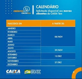 Caixa divulga calendário de empréstimo para quem ainda não é cliente Caixa Tem. Fonte: Caixa. Caixa divulga calendário de empréstimo para quem ainda não é cliente Caixa Tem. Fonte: Caixa.