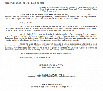 Autorização Curso de Formação de Soldados do Quadro de Praças da Polícia Militar do Estado de Mato Grosso do Sul Autorização Curso de Formação de Soldados do Quadro de Praças da Polícia Militar do Estado de Mato Grosso do Sul