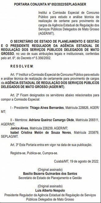 Portaria Concurso AGER-MT 2022 Portaria Concurso AGER-MT 2022