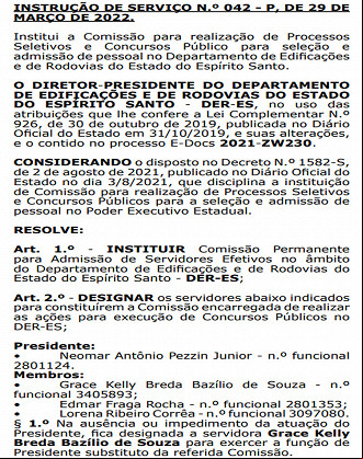 Concurso DER ES - Comissão definida Concurso DER ES - Comissão definida