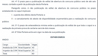 Publicada no Diário Oficial da União a portaria que autoriza concurso de 60 vagas para a CVM - Reprodução/DOU (19/07/2023). Publicada no Diário Oficial da União a portaria que autoriza concurso de 60 vagas para a CVM - Reprodução/DOU (19/07/2023).