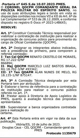 Créditos: Divulgação/Diário Oficial do ES