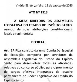 ALES anuncia em 2023 comissão para novo concurso. Créditos: Reprodução. ALES anuncia em 2023 comissão para novo concurso. Créditos: Reprodução.