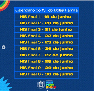 Calendário 13º do Bolsa Família em 2023. Fonte: Divulgação/Governo de Pernambuco