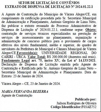 Extrato com a banca organizadora do concurso Extrato com a banca organizadora do concurso