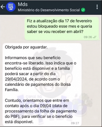 Whatsapp Bolsa Família libera consulta de abril. Imagem: Canal do Jefinho